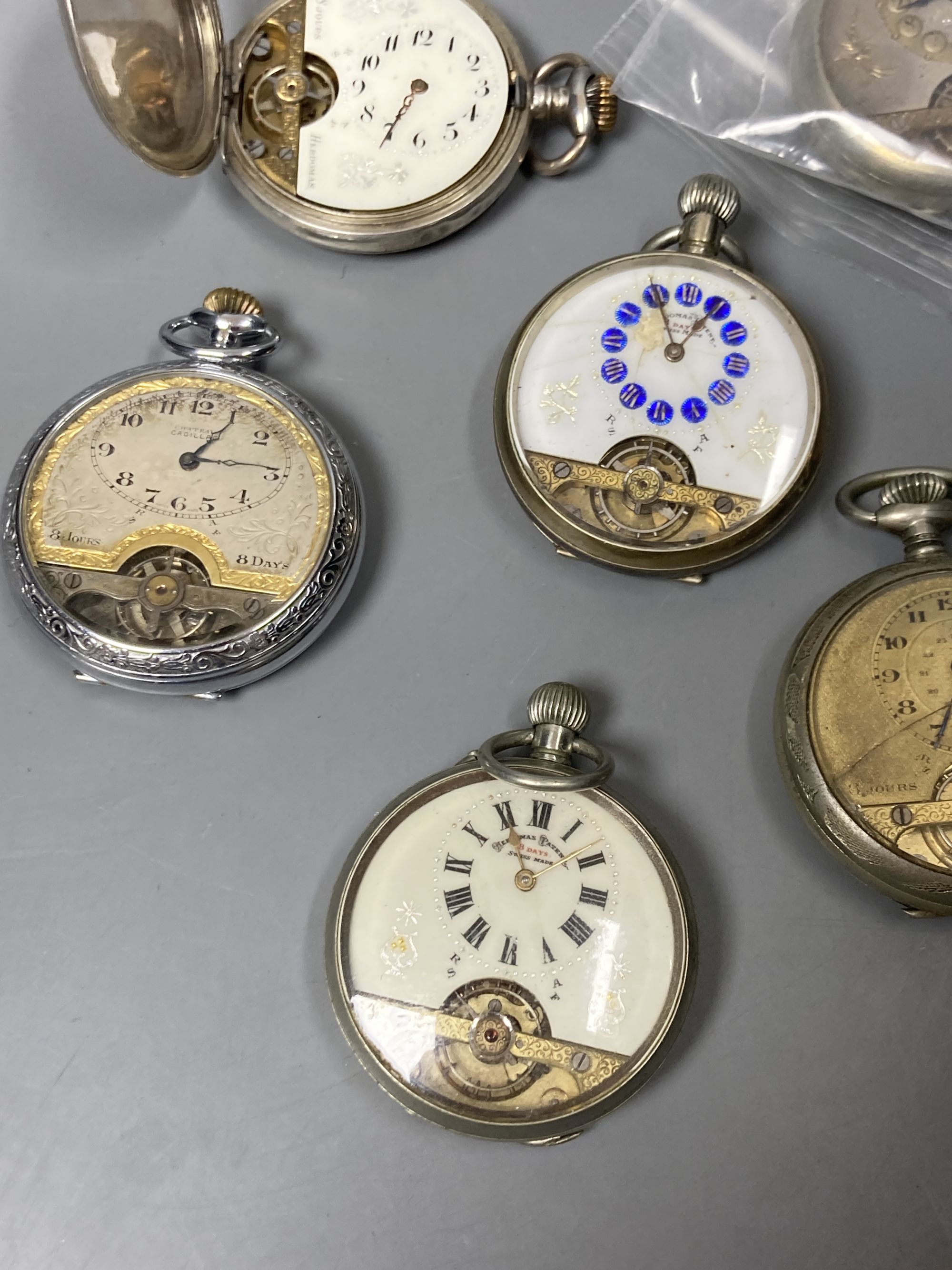 Five assorted base metal Hebdomas pocket watches and one 800 standard Hebdomas watch and two other Hebdomas style pocket watches (mostly a.f.)